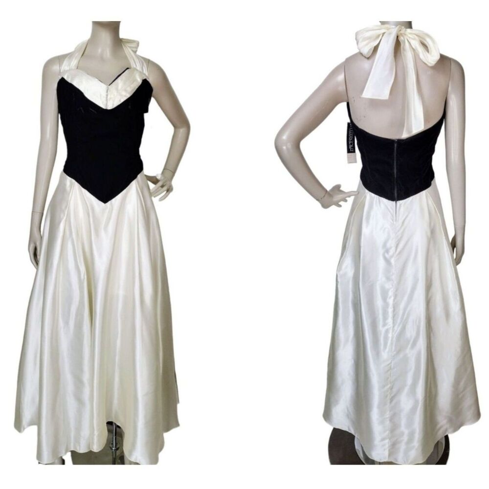 Vintage 80s Black Velvet Ivory Satin Princess Cut Halter Party Dress NEW